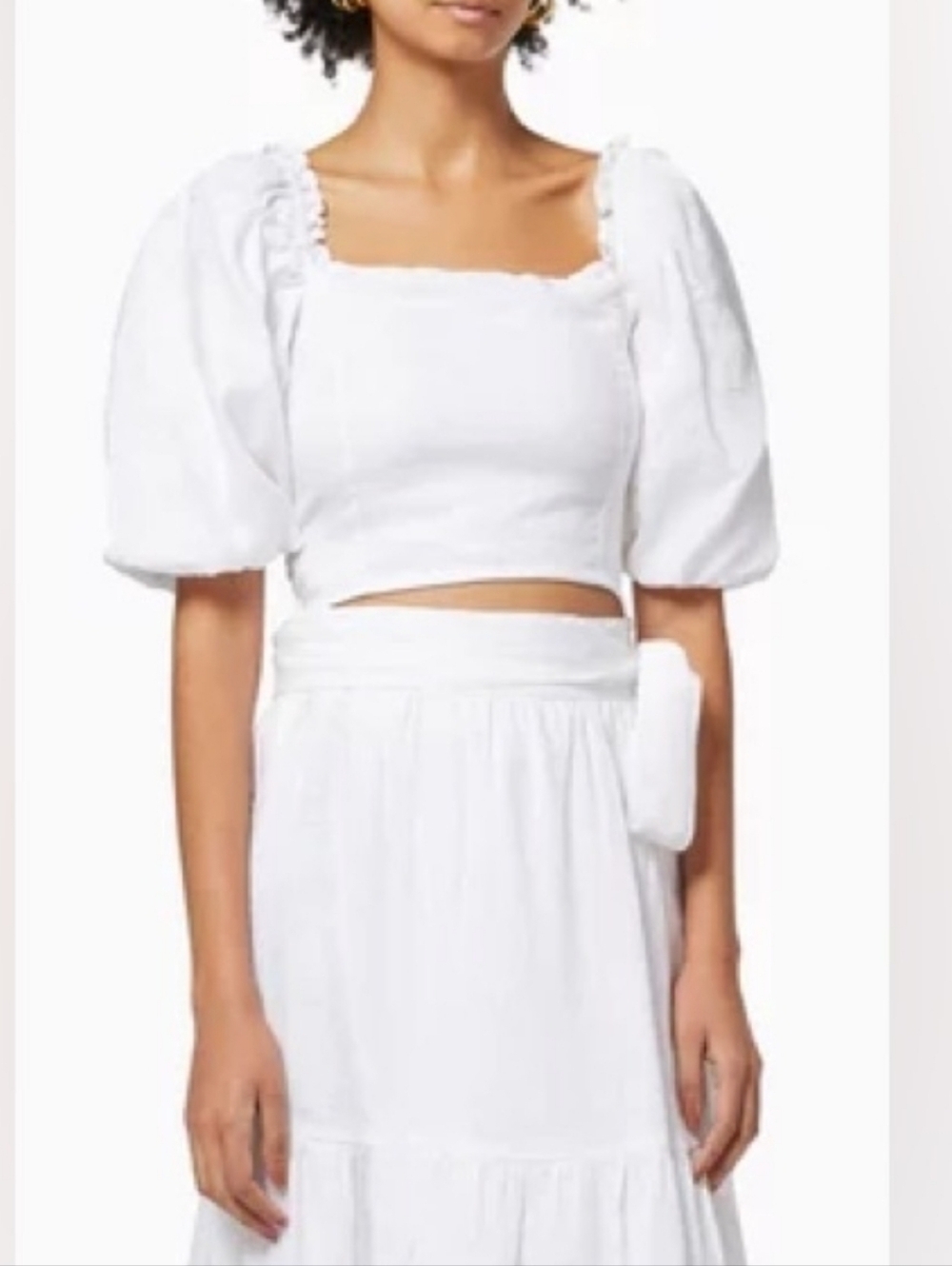 Faithfull the Brand Barnette White Linen Puff-Sleeve Square-Neck Crop Smock Top